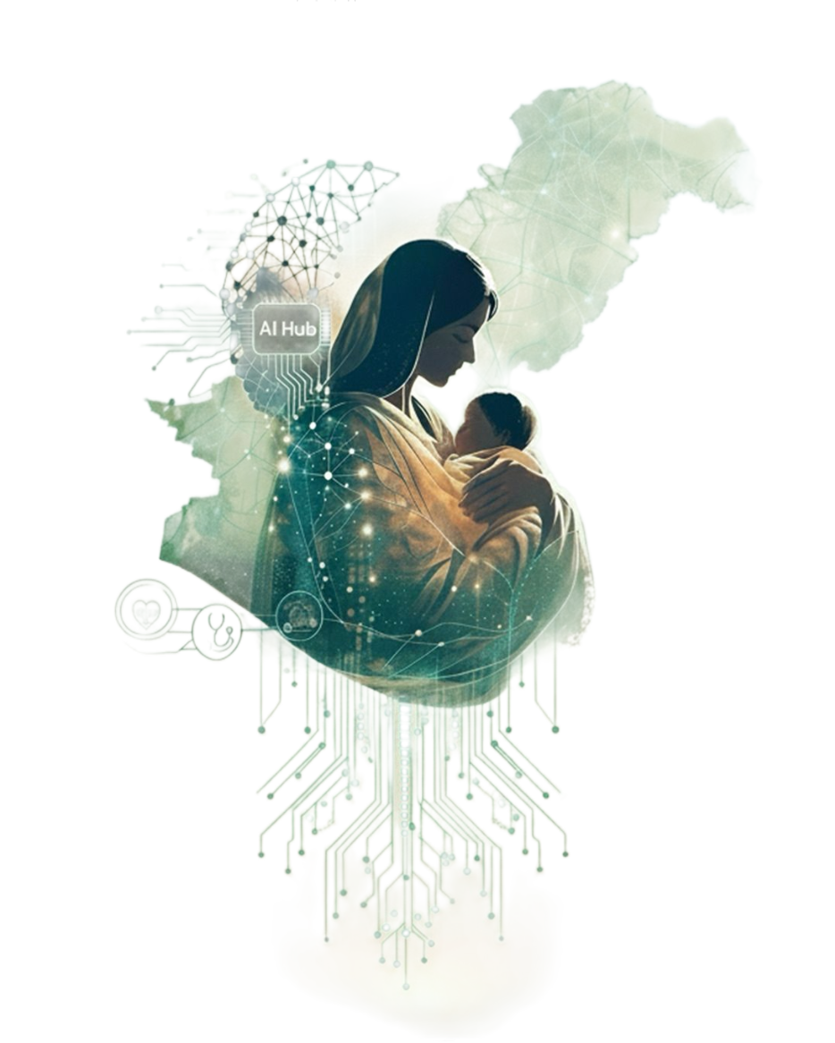 AI for Pakistan — mother and child with Pakistan map and AI network illustration